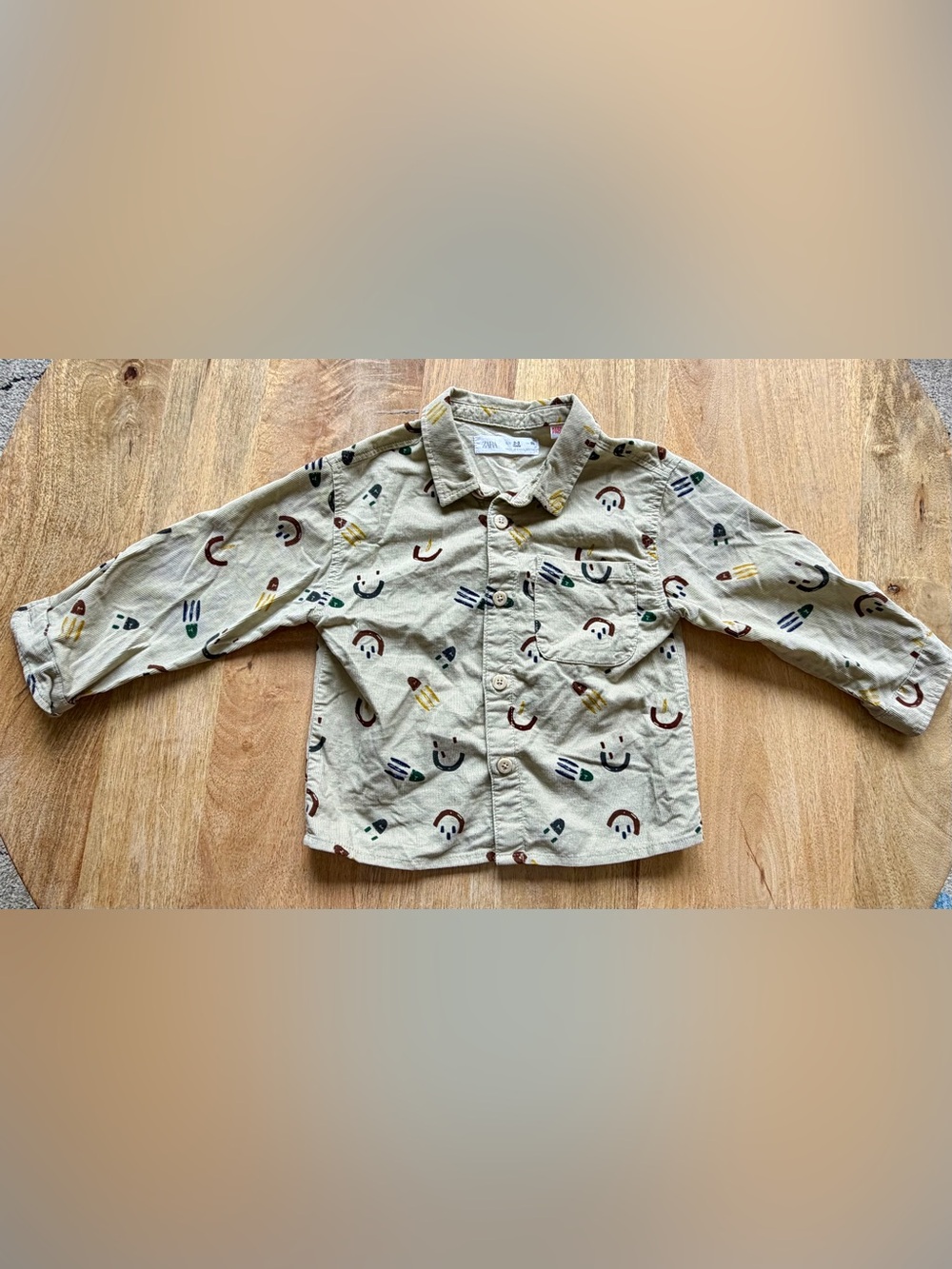 Zara Kids Beige Corduroy Button-Down Shirt with Smiley & Rocket Prints